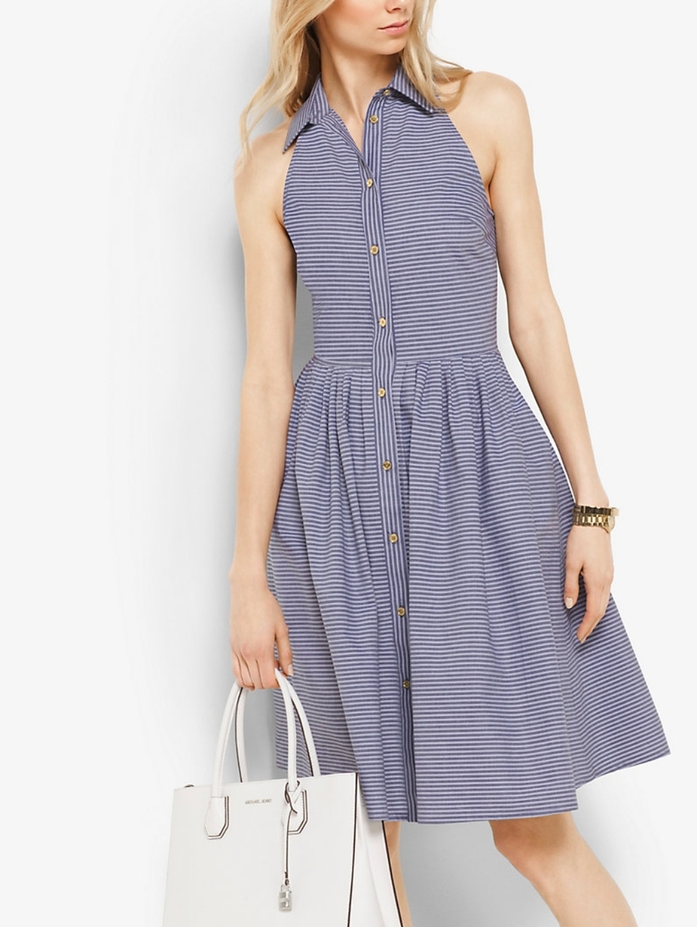 Michael Kors Navy & White Striped Cotton Poplin Halter Shirtdress Dress Size 6